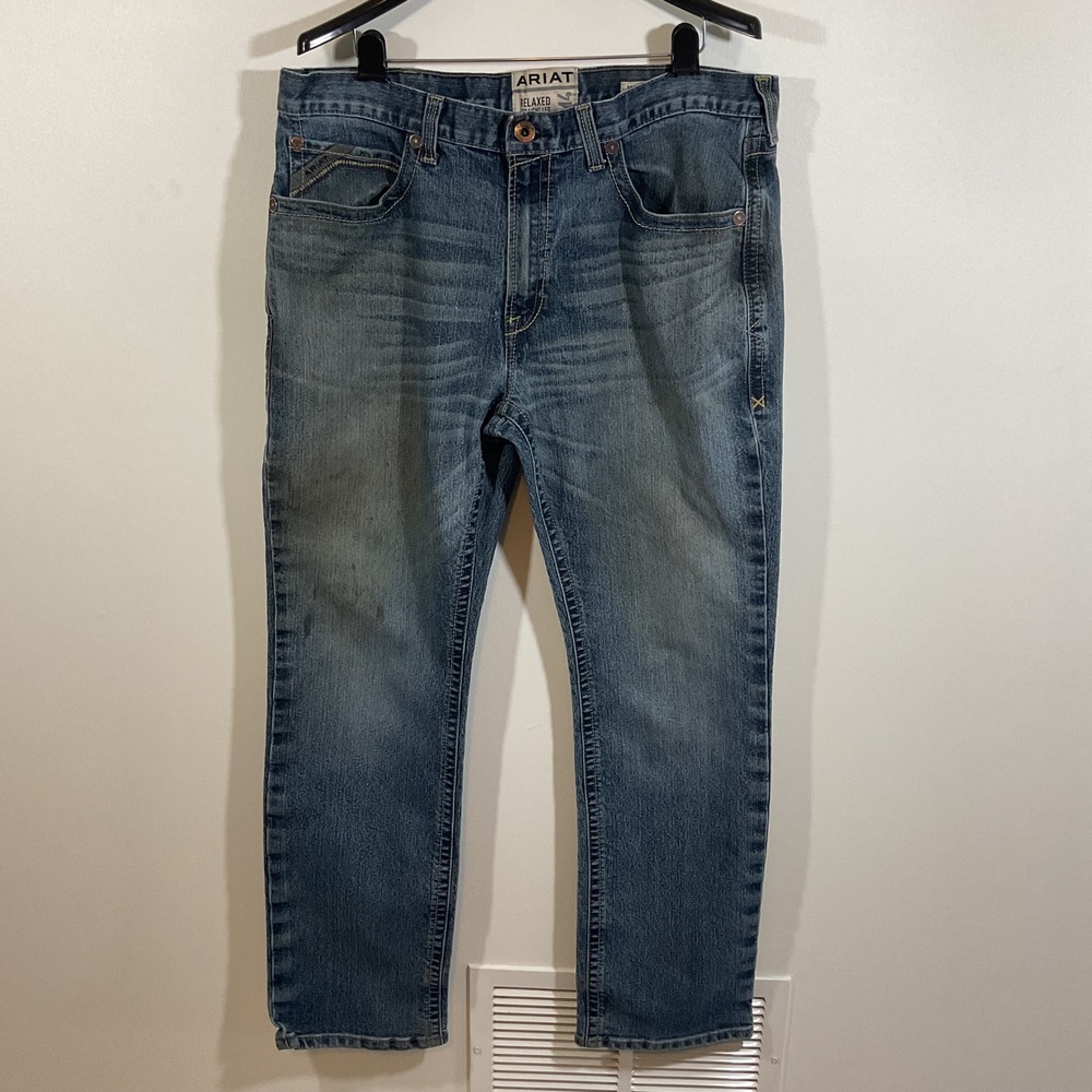 Ariat M4 Relaxed Straight Leg Jeans Mens 38x34 Blue Denim Distressed Work Pants